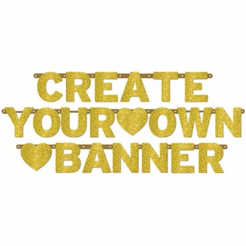 Customizable gold glittered banner with 100 letters, numbers, and symbols for personalized celebrations.