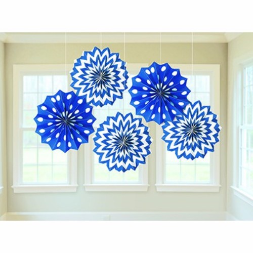 Pack of 5 Bright Royal Blue Tissue Paper Fans, 20cm, perfect for vibrant event decor and easy to assemble.