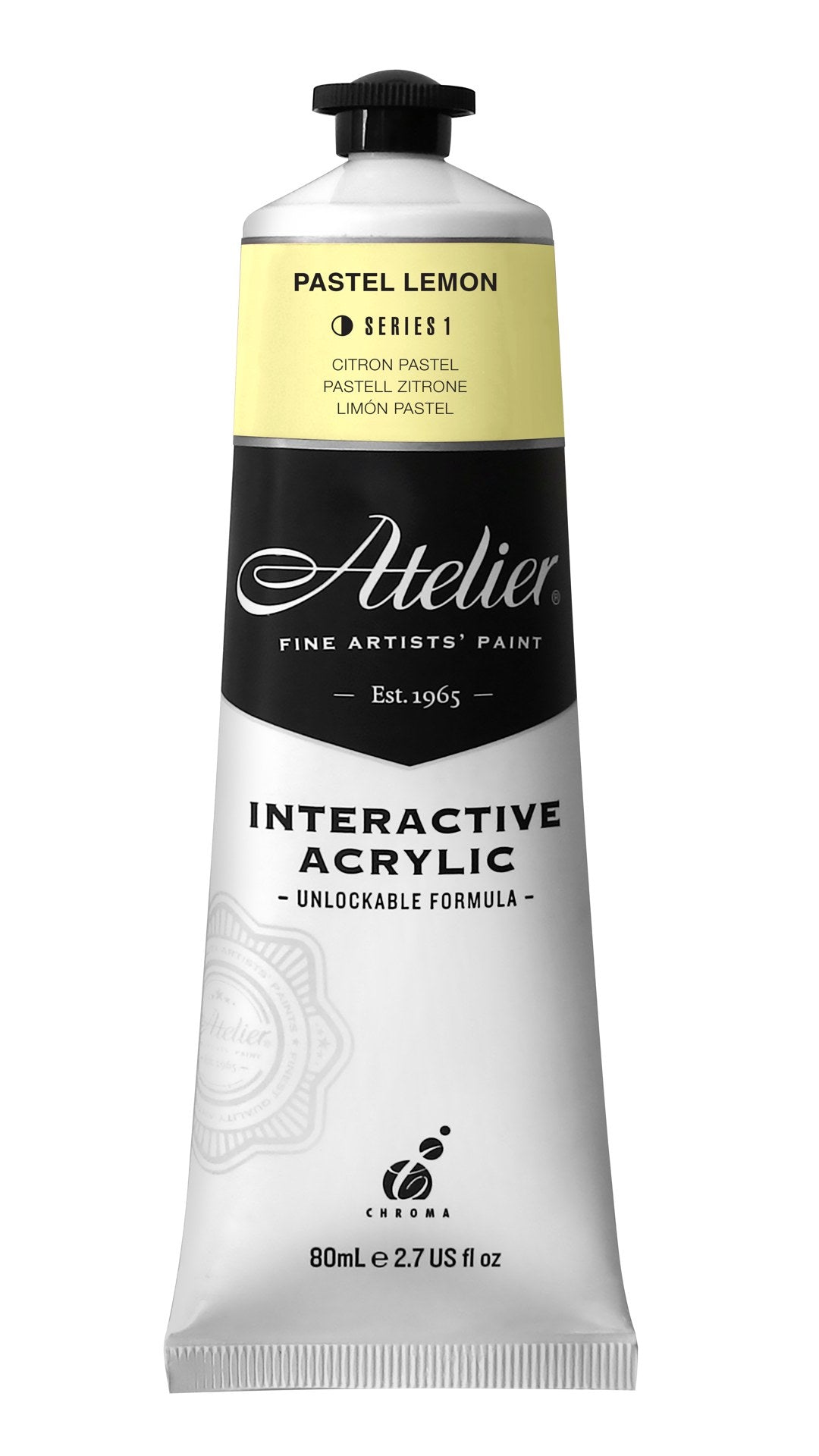 ATELIER 80ml PASTEL LEMON acrylic paint in soft yellow, ideal for artists and crafters seeking vibrant, smooth application.