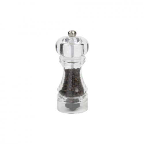 Acrylic pepper mill (145mm) with adjustable ceramic mechanism for precise grinding; sleek clear design for elegant dining.