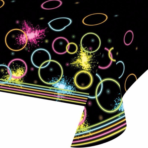 Glow Party Tablecover in vibrant colors, measuring 137cm x 259cm, perfect for festive celebrations.