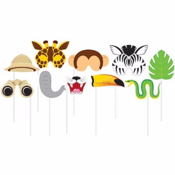 Vibrant jungle-themed photo booth props pack of 10, featuring exotic animals and greenery for fun party photo sessions.