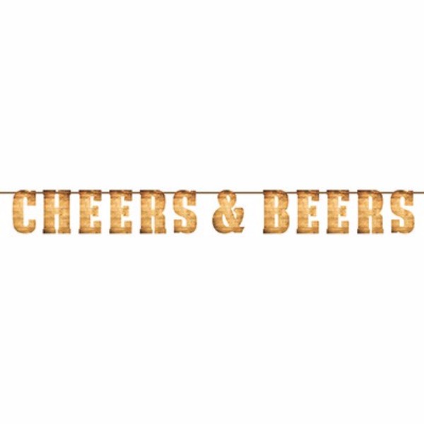 Vibrant 15cm x 2m Cheers & Beers Banner, perfect for celebrations with durable cardboard and natural twine.