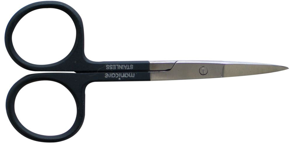 Manicare Straight Cuticle Scissors in stainless steel with black handles for precise trimming and nail care.