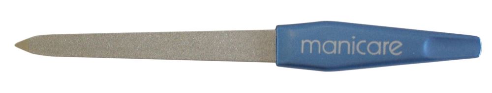 Medium Sapphire Nail File by Manicare with soft touch handle and protective pouch for precise nail grooming.