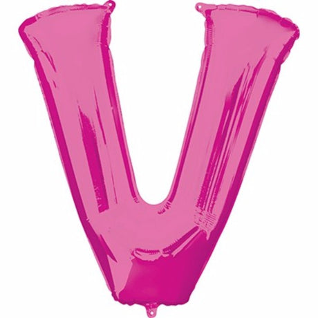 Vibrant 86cm pink letter V helium saver balloon for birthdays, weddings, and celebrations, featuring a self-sealing design.