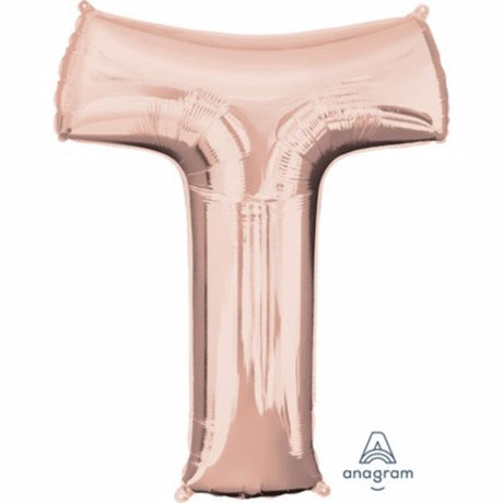Rose gold Letter T balloon, 81cm, self-sealing, ideal for elegant celebrations and long-lasting helium displays.