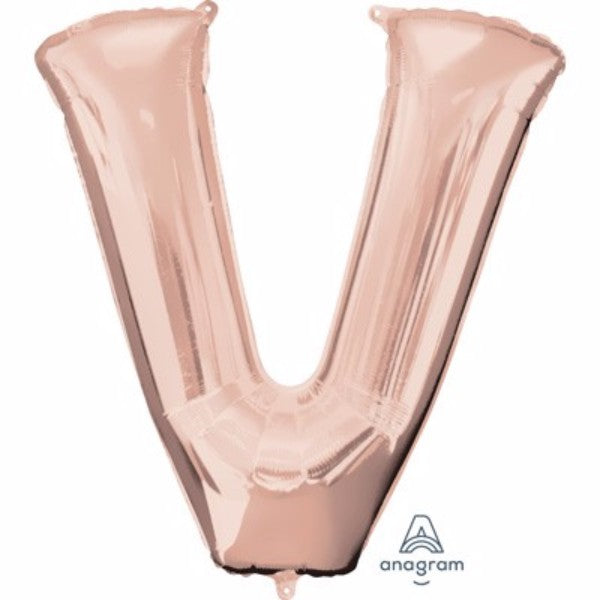 Rose gold letter V balloon, 81cm, self-sealing, suitable for air or helium filling.