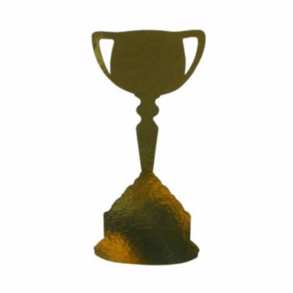 Gold trophy cup cutouts, 200mm tall, pack of 12; perfect for awards ceremonies and event decorations.