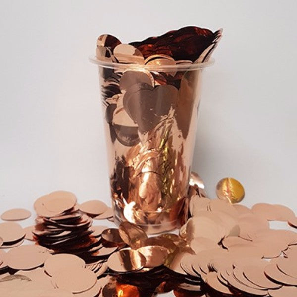 Rose gold metallic confetti circles, 2cm, perfect for elegant celebrations and party décor, 200g pack.