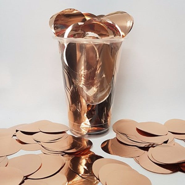 Elegant rose gold metallic confetti circles, 3.5cm, perfect for weddings and celebrations, packaged in 200g.