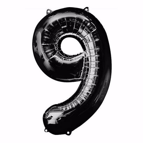 Black shape number nine foil balloon, 86cm high, self-sealing, perfect for elegant celebrations and parties.