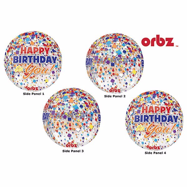 Shape Orbz balloon with clear confetti and 'Happy Birthday' design, perfect for adding color to celebrations.