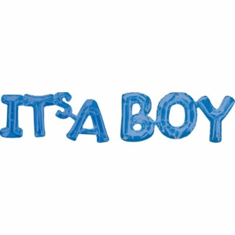 Blue foil balloon with 'ITS A BOY' script, 50cm x 22cm, perfect for baby showers and gender reveal parties.