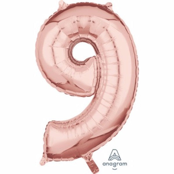 Rose gold mid-sized foil balloon in the shape of number nine, perfect for stylish celebrations and events.
