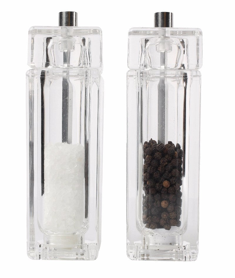 Acrylic square salt and pepper mill set, 150mm high, featuring a durable T & G mechanism, elegantly gift boxed.