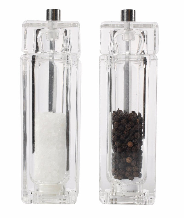 Acrylic square salt and pepper mill set, 150mm high, featuring a durable T & G mechanism, elegantly gift boxed.