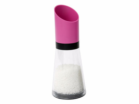 Topsy Turvy Pink Salt Shaker, a durable ceramic grinder with a lifetime guarantee for effortless seasoning.