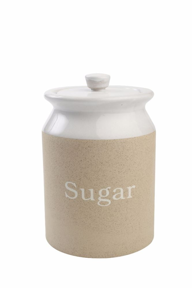 Elegant stone white sugar jar with airtight lid, ideal for stylish kitchen organization, 160mm tall, 110mm wide.