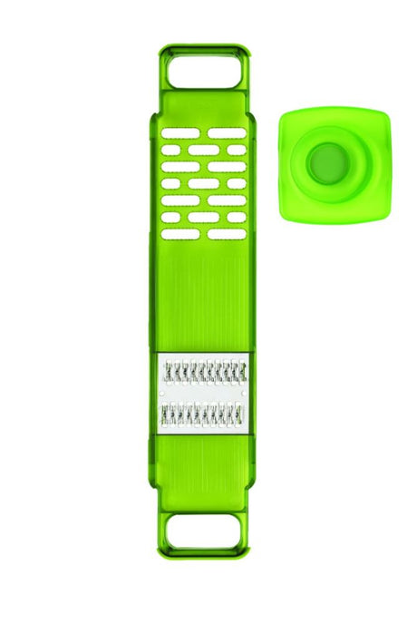 Green Grater and Julienne Mandolin Slicer; ergonomic design, non-slip base, grates and slices fruits and vegetables safely.