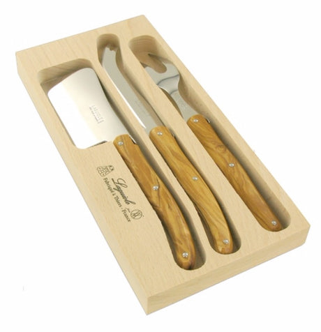 Elegant Olive Wood 3 Piece Cheese Set with stainless steel blades and stunning olive wood handles, ideal for serving cheese.