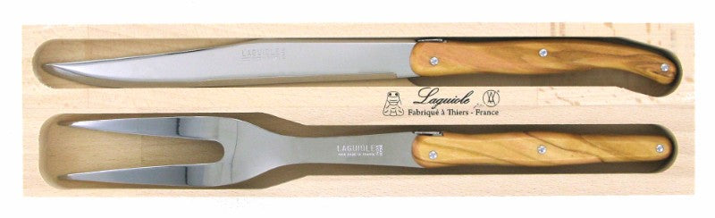 Elegant Olive Wood Carving Set with stainless steel blades and ergonomic handles, featuring the Laguiole Bee emblem.