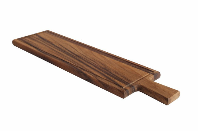 Elegant Long Baroque Paddle Board in rustic acacia, perfect for serving cheeses and appetizers at gatherings.