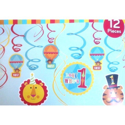 Colorful Fisher Price 1st Birthday Hanging Decoration Swirls, featuring 12 vibrant foil swirls for festive celebrations.