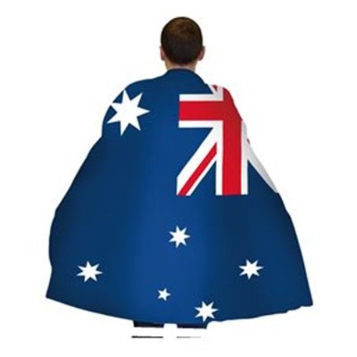 Australian flag cape made of nylon, 90x150cm with hook and loop fastener for secure wear.