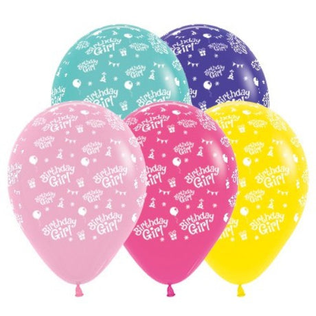 Pack of 25 vibrant 30cm latex balloons in pink, yellow, and purple, perfect for birthday celebrations.