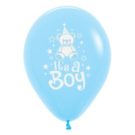Pack of 6 pastel blue latex balloons featuring 'It's A Boy' teddy bear designs, perfect for baby showers and celebrations.
