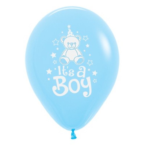 Pack of 6 pastel blue latex balloons featuring 'It's A Boy' teddy bear designs, perfect for baby showers and celebrations.
