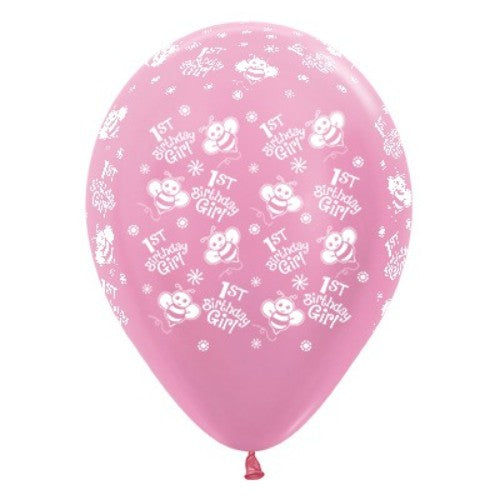 Pack of 6 pearl pink bumble bee balloons for a girl’s 1st birthday, perfect for festive decor and celebrations.