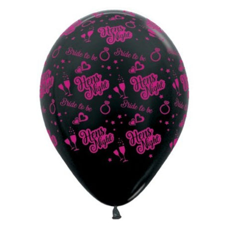 30cm black metallic balloons with "Bride to Be" design, perfect for hens night celebration, pack of 25.