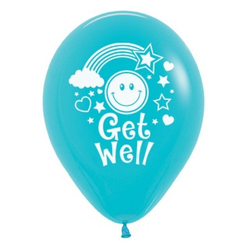 Pack of 6 Caribbean Blue balloons with smiley faces, perfect for uplifting spirits at get well soon occasions.