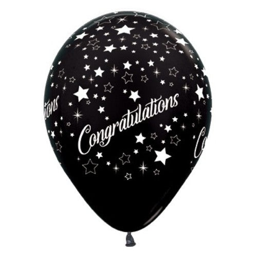 Pack of 6 black metallic latex balloons shaped like stars, each measuring 30cm, perfect for congratulatory celebrations.