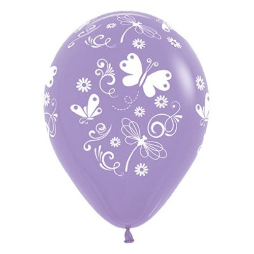 Pack of 6 lilac balloons featuring elegant butterfly and dragonfly designs, perfect for whimsical celebrations.