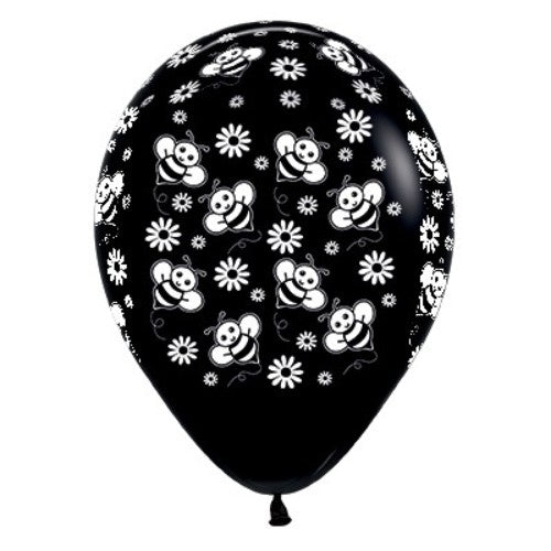 30cm black balloons featuring bumble bees and flowers, perfect for parties and celebrations, pack of 6.