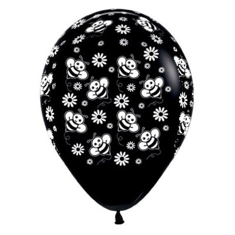 30cm black balloons featuring bumble bees and flowers, perfect for parties and celebrations, pack of 6.