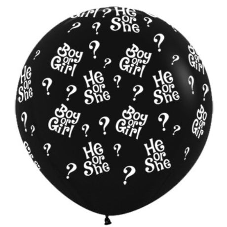 90cm black latex balloons with vibrant question marks, perfect for gender reveals and celebrations.