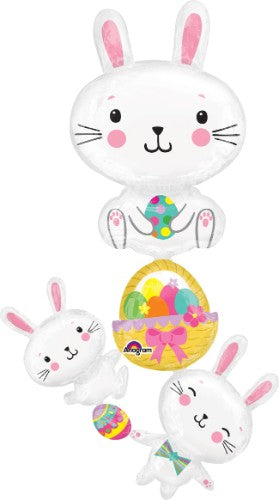 Colorful 5ft tall Easter Bunny stacker foil balloon surrounded by eggs, perfect for festive spring celebrations.