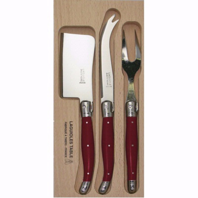 Elegant dark red cheese knife set featuring stainless steel blades and resin handles, perfect for cheese platters and gifts.