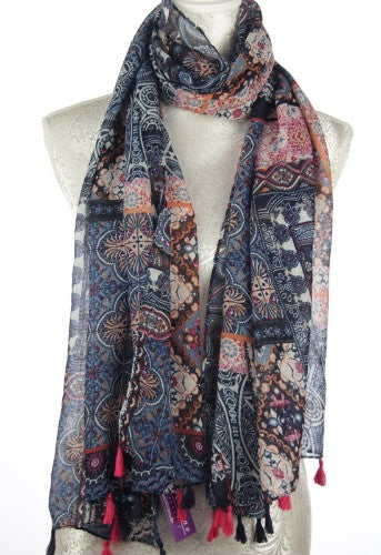 Scarf - Patch Printed with Tassel (Blue)