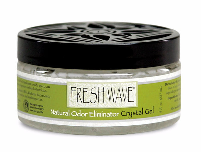 8oz Crystal Gel in sleek container, eco-friendly odor eliminator with refreshing fragrance for homes, kitchens, and bathrooms.