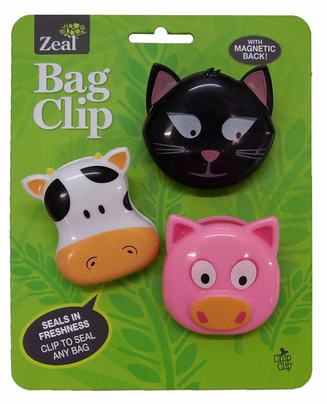 Farmyard-themed bag clips with a magnetic back for sealing bags and displaying notes, combining fun and functionality.