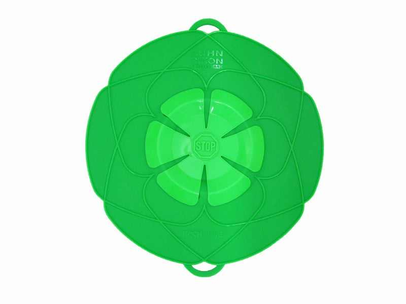 Small green silicone spill stopper, 25.5cm diameter, prevents spills and acts as a splatter guard for various pots.