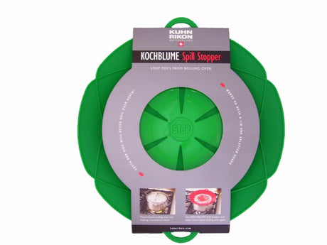 Small green silicone spill stopper, 25.5cm, prevents spills and acts as a splatter guard for pots 14-23cm.