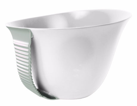 White mixing bowl with handle, 3.8L capacity, designed for comfort and versatility in meal prep.