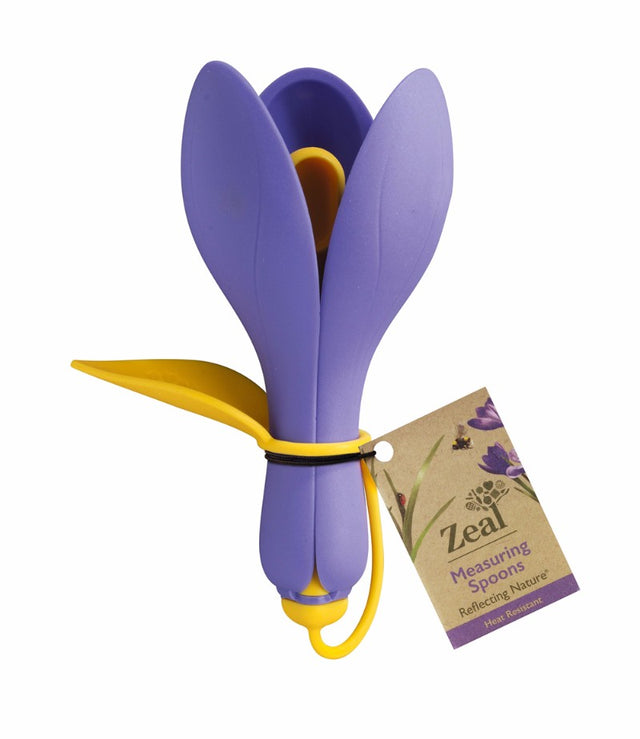Set of five floral Crocus Measuring Spoons by ZEAL, non-stick, easy storage, dishwasher safe for precise cooking measurements.