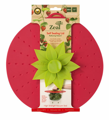 28cm strawberry-shaped silicone lid for eco-friendly food storage, airtight seal, and dishwasher safe.